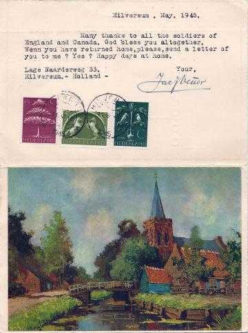 A typed note with signature and colour illustration. 3 Netherlands stamps. Picture is of a country church beside a stream and bridge is included.